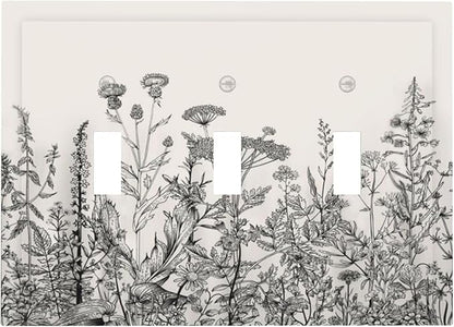 Vintage Grey Floral Herbs Wild Flowers Botanical 3 Gang Boho Light Switch Covers Decorative Country Unique Triple Toggle Wall Plate Electrical Faceplate Switchplate for Bathroom Bedroom