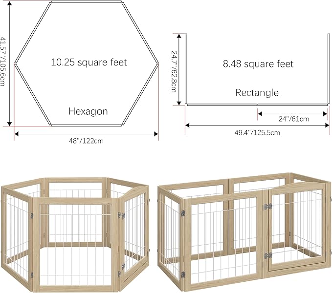 Folding No-Assembly Pet Gate 144" Wide, 30" Tall Wooden Dog Gate with Door Walk Through, Freestanding Wire Pet Gate, Pet Puppy Safety Fence, with 2PCS Support - Natural White