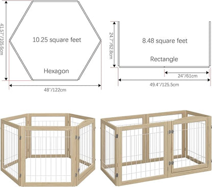 Folding No-Assembly Pet Gate 144" Wide, 30" Tall Wooden Dog Gate with Door Walk Through, Freestanding Wire Pet Gate, Pet Puppy Safety Fence, with 2PCS Support - Natural White