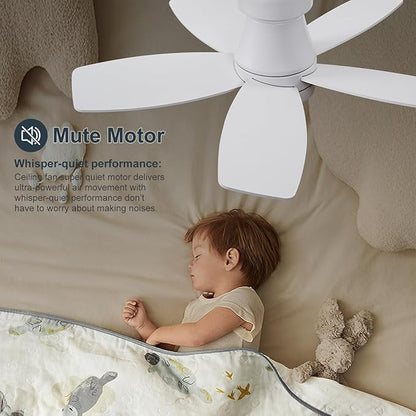 30 inch Ceiling Fans with Lights and Remote,Flush Mount White Ceiling Fan,Memory Fuction Reversible Quiet DC Motor Low Profile Ceiling Fans For Living Room Bedroom Outdoor(White&Natural Wood)