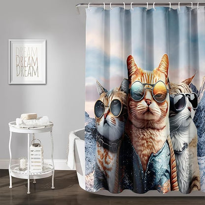 AILONEN 3D Cat Shower Curtain,Cartoon Funny Kitten Shower Curtain Set for Kids Boys Girls,Cat Lovers Animal Shower Curtain with Hooks for Bathroom,72" W*96" H