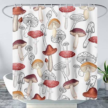 AILONEN Cartoon Mushroom Shower Curtain,Modern Shabby Chic Plants Fungus Themed Waterproof Bath Curtain,Minimalist Curtain for Bathroom Decor, 72" W x 84" H