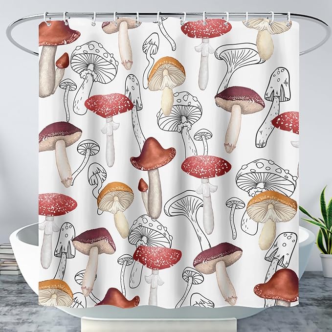 AILONEN Cartoon Mushroom Shower Curtain,Modern Shabby Chic Plants Fungus Themed Waterproof Bath Curtain,Minimalist Curtain for Bathroom Decor, 60" W x 72" H