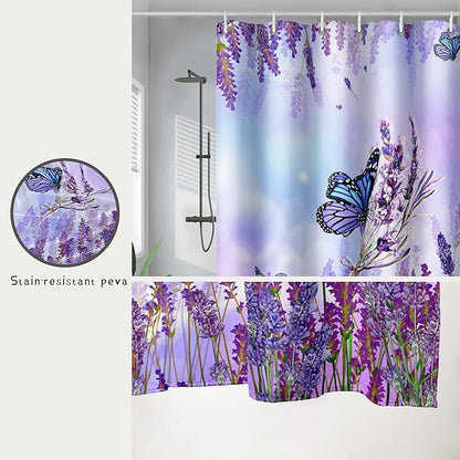 AILONEN Flying Butterfly Shower Curtain for Girl Women,Purple Lavender Flower Butterfly Floral Decor Bath Curtain 48" W*72" H Polyester Fabric Waterproof Bathroom Bathtub Curtain with 12 Hooks