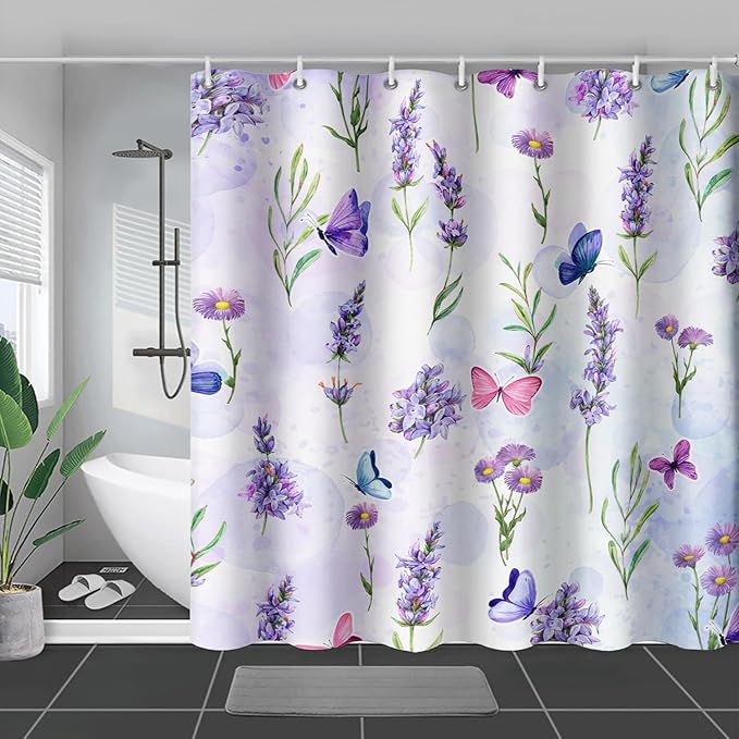 AILONEN Purple Flower Butterfly Shower Curtain 48" W*72" H,Spring Floral Girls Bathroom Decor,Modern Tie Dye Watercolor Butterfly Bath Curtain Polyester Waterproof Bathroom Curtain with Hooks