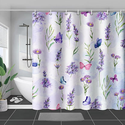 AILONEN Purple Flower Butterfly Shower Curtain 48" W*72" H,Spring Floral Girls Bathroom Decor,Modern Tie Dye Watercolor Butterfly Bath Curtain Polyester Waterproof Bathroom Curtain with Hooks
