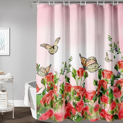 AILONEN Butterfly Shower Curtain for Bathroom, Red Flower Bath Curtain,Flying Butterfly Bathroom Curtain,Polyester Waterproof Bathroom Decor Curtain with 12 Plastic Hooks(72" W*96" H)