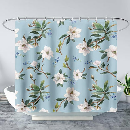 AILONEN Flower Shower Curtain, White Gardenia on Blue Background Fabric Shower Curtains for Bathroom,Elegant Floral Pattern Shower Curtain Set for Girls Women Couple,48" W*72" H