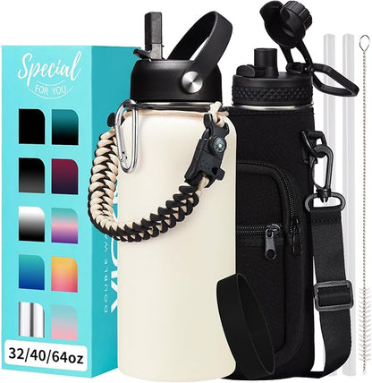 32 oz Insulated Water Bottle with Straw - Chug Lid, (Cold 48h, Hot 24h) Stainless Steel Flask with Paracord Handle, Storage Pouch with Strap, Metal Thermos for School Travel Sports Gym Women