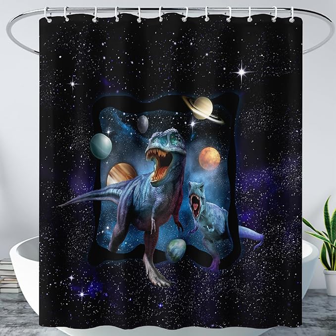 AILONEN Boys Dinosaur Shower Curtain 72" W*96" H for Bathroom,Blue Galaxy Starry Dinosaur Bathroom Shower for Boys Teen,Cartoon Dinosaur Bath Curtain Polyester Waterproof Shower Curtain with 12 Hooks