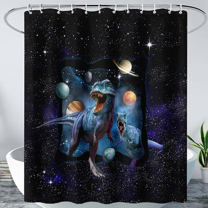 AILONEN Boys Dinosaur Shower Curtain 72" W*96" H for Bathroom,Blue Galaxy Starry Dinosaur Bathroom Shower for Boys Teen,Cartoon Dinosaur Bath Curtain Polyester Waterproof Shower Curtain with 12 Hooks