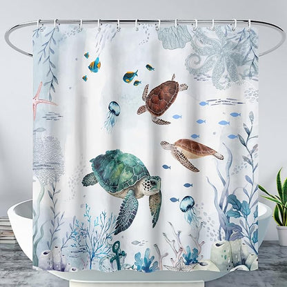 AILONEN Cartoon Sea Turtle Shower Curtain Set, Blue Ocean Animals Waterproof Fabric Shower Curtain,Gouache Anchor Nautical Theme Shower Curtain Liner for Bathroom with Hooks,72" Wx78 H