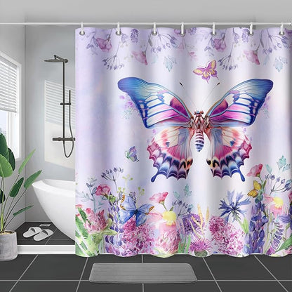 AILONEN Colorful Butterfly Shower Curtain for Girl Women,Purple Flower Beautiful Butterfly Printed Bath Curtain 72" W*96" H Polyester Fabric Waterproof Bathroom Bathtub Curtain with 12 Hooks
