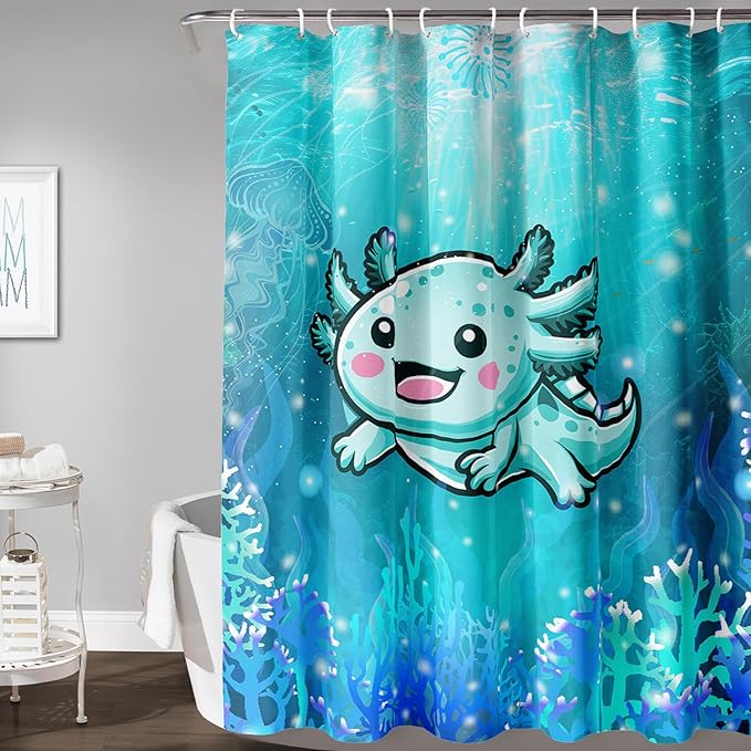AILONEN Cute Axolotl Kids Shower Curtain for Bathroom,Blue Ocean Jellyfish Coral Print Bath Curtain 48" W*72" H,Girls Boys Kawaii Salamander Decorative Waterproof with 12 Plastic Hooks