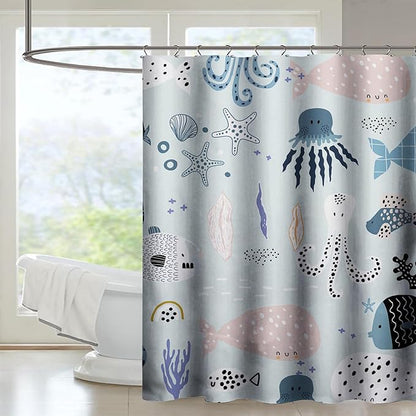 AILONEN Cartoon Ocean Life Shower Curtain for Kids 36" W*72" H Inch,Kawaii Fish Whales Octopuses Pattern Shower Curtain,Ocean Life Theme 12 Pack Hooks Polyester Waterproof Fabric Decor for Bathroom