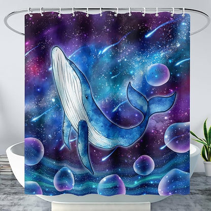 AILONEN Cartoon Blue Whale Shower Curtain,Swimming Whale Fabric Shower Curtains for Bathroom,Starry Night Bathroom Curtains for Kids Girls Boys,Fantasy Whale Bath Curtain Set, 72" W*96" H