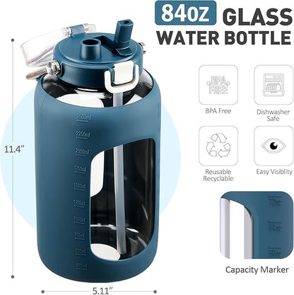 84oz Glass Water Bottle with Stainless Steel Handle,2.5L Gallon Water Bottle With 2-IN-1 Straw Lid, Silicone Sleeve and Motivational Capacity Marker, Wide Mouth Water Jug For Gym, Dark Blue