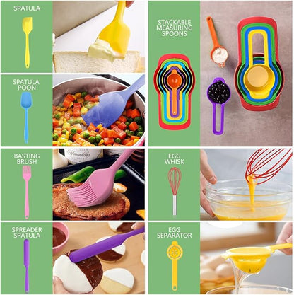 Mixing Bowls with Lids for Kitchen - 26 PCS Stainless Steel Nesting Colorful Mixing Bowls Set for Baking,Mixing,Serving & Prepping,Size 5, 3.7, 2.8, 2.3, 1.7, 1.1, 0.7QT,12 Cooking Utensils