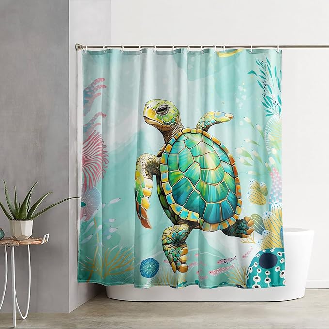 AILONEN Cute Sea Turtle Shower Curtain,Cartoon Turtle with Water Plant Shower Curtain Set for Bathroom,Kawaii Ocean Animal Theme Waterproof Fabric Shower Curtain with Hooks,48" W*72" H