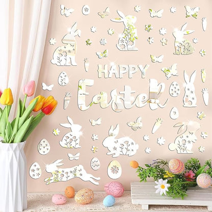 Easter Wall Decor Happy Easter Eggs Bunny Flower Wall Decals 3D Acrylic Mirror Wall Stickers Peel and Stick Easter Floral Butterfly Wall Art Mural for Spring Kids Bedroom Party Supplies Decoration