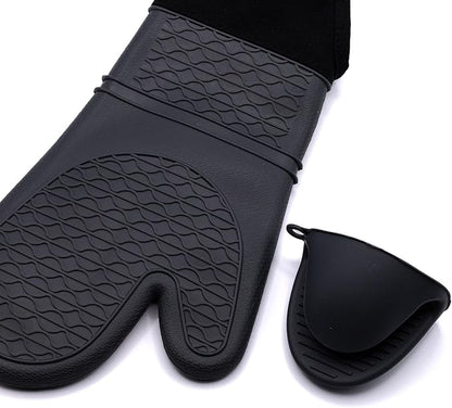 Extra Long Oven Mitts and Pot Holder Set for Ultimate Kitchen Safety- hot Pads and Oven Mitts- Heavy Duty- Silicone Heat Resistant Oven Mitts and Pot holde(Dark Gray)