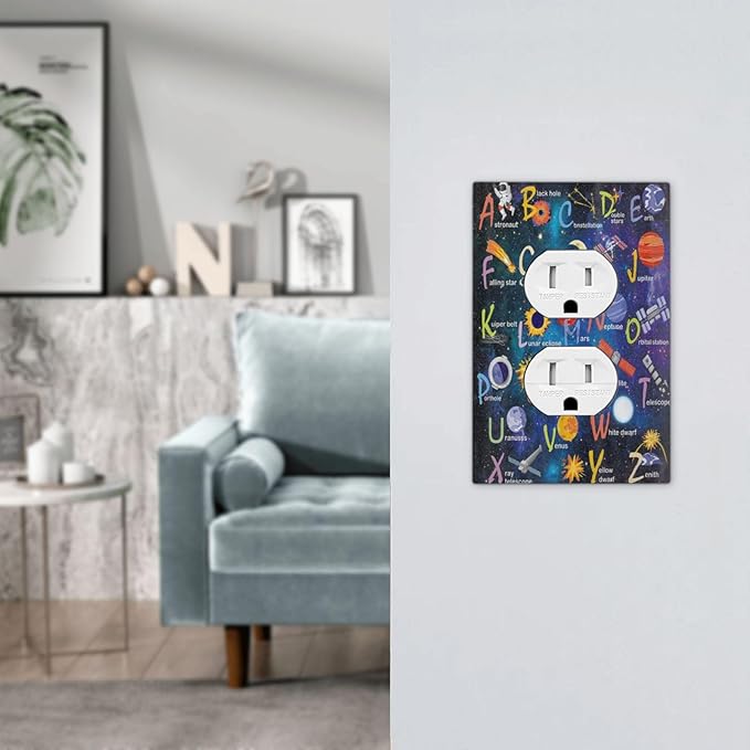 ABC Outer Space 1 Gang Outlet Plate Covers Decorative Single Duplex Wall Plate Alphabet Galaxy Electrical Receptacle Light Switch Cover Art Faceplate Switchplate for Kidroom Boyroom Livingroom Decor