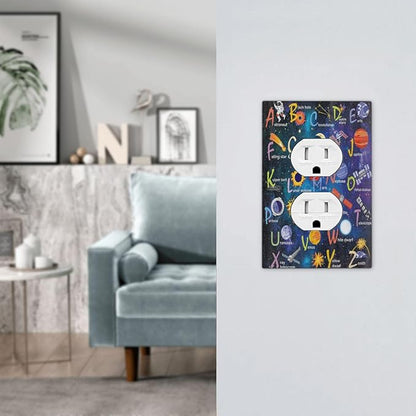 ABC Outer Space 1 Gang Outlet Plate Covers Decorative Single Duplex Wall Plate Alphabet Galaxy Electrical Receptacle Light Switch Cover Art Faceplate Switchplate for Kidroom Boyroom Livingroom Decor