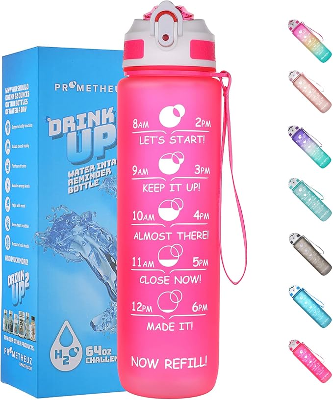 Prometheuz 32oz Water Bottle with Straw, Motivational Water Bottle with Time Marker, Water Bottles Leakproof & BPA-Free for Sports, Work and Fitness Pink