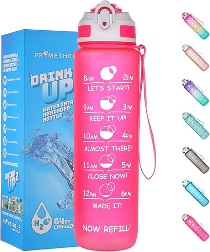 Prometheuz 32oz Water Bottle with Straw, Motivational Water Bottle with Time Marker, Water Bottles Leakproof & BPA-Free for Sports, Work and Fitness Pink