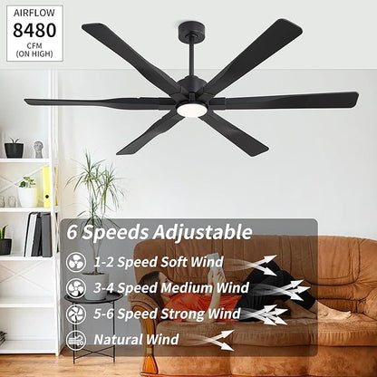 78 Inch Ceiling Fan with Lights and Remote Control, 6 Reversible ABS Blades, 6-Speed Noiseless DC Motor with 4.5" / 12" / 24" Downrods for Bedroom Dining Living Room, Black