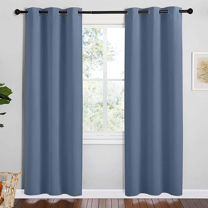 NICETOWN Short Curtains for Kitchen, Stone Blue, 1 Pair, 42 inches Wide by 78 inches Long, Thermal Insulated Solid Grommet Blackout Window Treatment Curtain Panels for Loft, Cafe
