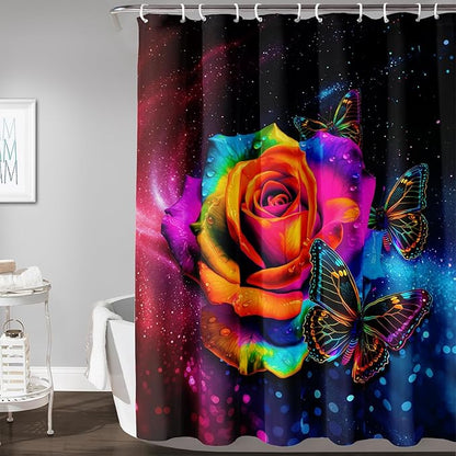 AILONEN Colorful Rose Shower Curtain for Bathroom Decor,Butterfly Galaxy Rose Flower Bath Curtain for Girls Women,Modern Romantic Curtain Waterproof with 12 Plastic Hooks, 60" W*72" H