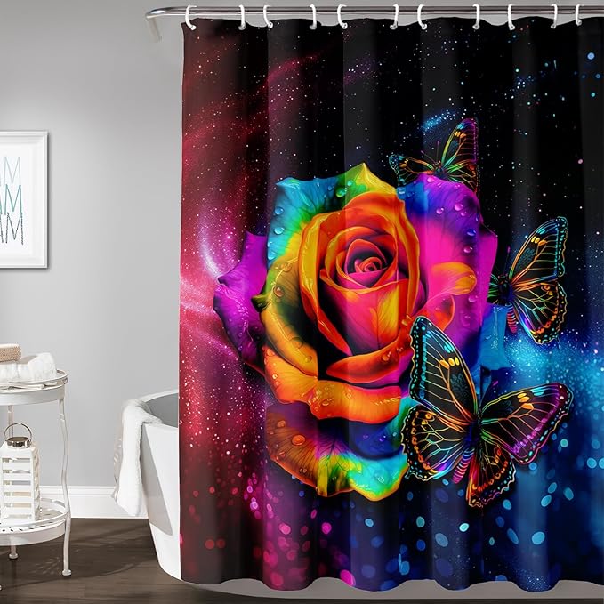 AILONEN Colorful Rose Shower Curtain for Bathroom Decor,Butterfly Galaxy Rose Flower Bath Curtain for Girls Women,Modern Romantic Curtain Waterproof with 12 Plastic Hooks, 36" W*72" H