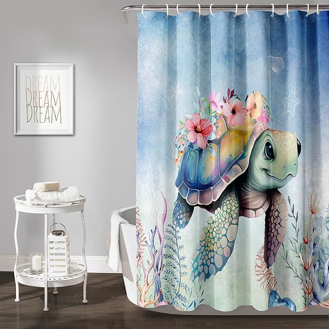 AILONEN Sea Turtle Shower Curtain,Kawaii Sea Turtle Bath Curtain Cloth Fabric Bathroom 72" W*96" H Inch,12 Pack Hooks for Kids,Ocean Animal Themed Bathroom Curtain