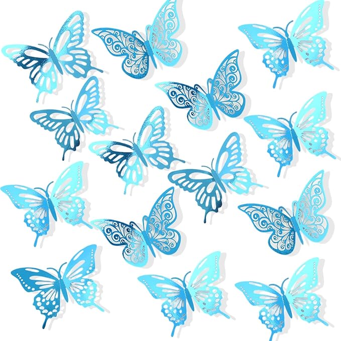 72Pcs 3D Butterfly Wall Decor 3 Sizes 3 Styles, Butterfly Decorations Party Birthday Cake Decoration, Removable Butterfly Wall Stickers for Kids Nursery Wedding Bedroom Room Decor(Blue)