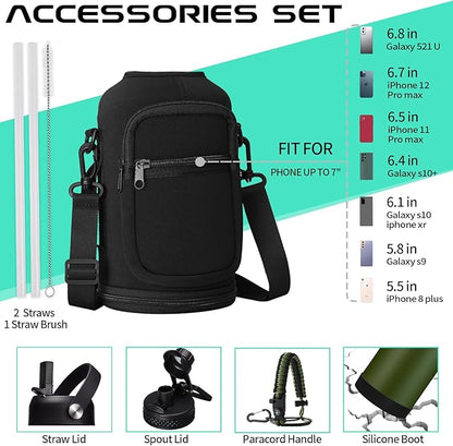 64oz Insulated Water Bottle with Straw & Auto Spout Lid - (Cold 48H & Hot 24H) Half Gallon Stainless Steel Water Jug with Paracord Handle, Metal Tactical Military Water Flask with Carrier Strap Bag