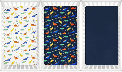 3 Pack Fitted Crib Sheets, Ultra Soft Breathable Comfortable Baby Sheet Set for Boys Girls Neutral, 28x52 Inch Fits Standard Crib and Toddler Mattresses, Dinosaur