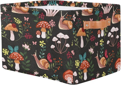 Mushroom with Snails Storage Basket Collapsible Rectangular Storage Bin Large Fabric Storage Boxes Organizer 1Pc with Leather Handles for Clothes Toys Books Kitchen Laundry