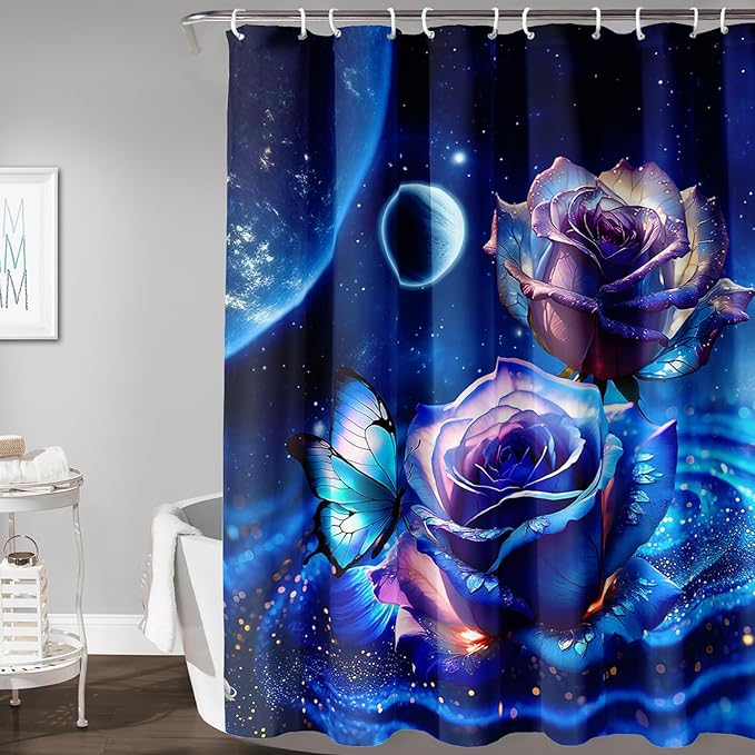 AILONEN Blue Rose Shower Curtain,Romantic Flower Bath Curtain for Girls Women,Blue Galaxy Starry Rose Floral Curtain for Bathroom Decor 48" W*72" H,Waterproof with 12 Plastic Hooks