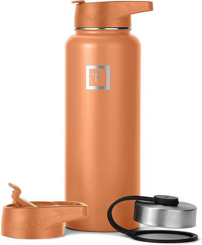 IRON °FLASK Sports Water Bottle - Wide Mouth with 3 Spout Lids - Stainless Steel Gym & Outdoor Bottles for Men, Women & Kids - Double Walled, Insulated Thermos, Metal Canteen - Clementine, 40 Oz