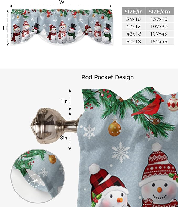 Christmas Blackout Tie Up Valance Curtains for Kitchen Windows Snowman Cardinal Window Toppers Balloon Shades for Living Room/Bathroom/Bedroom,1 Panel,54" X 18" Bluish Grey Winter Holiday