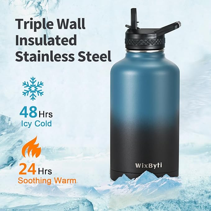 64 oz Insulated Water Bottle with Straw (Cold for 48 Hrs), Half Gallon Stainless Steel Triple Wall Vacuum Sports Water Jug, Leakproof Hydro Cup Flask with Straw Spout Lids & DIY Stickers