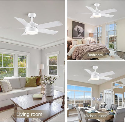 44 inch White Ceiling Fan with Lights and Remote Control, Dimmable Ceiling Fans with Lights,3-Color, Quiet Reversible 6-Speed, Wood Modern Ceiling Fan for Bedroom, Living Room, Dining Room