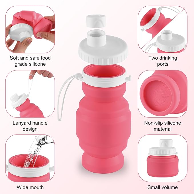 THAIOXYH® Collapsible Water Bottles 11 oz（320ml） Reuseable Foldable Portable BPA Free Silicone Collapsible Water Bottles for Traveling Hiking Camping Sports (pink)…