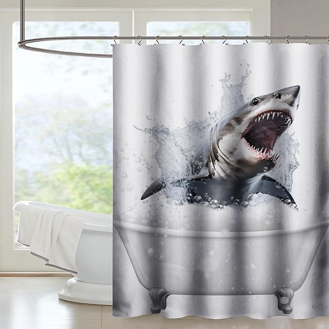 AILONEN 3D Bathtub Shark Shower Curtain for Kids 120 * 180 Inch,Fierce Shark in a Bathtub Shower Curtain,12 Pack Hooks Polyester Waterproof Fabric Decor for Bathroom Bathtub Panels