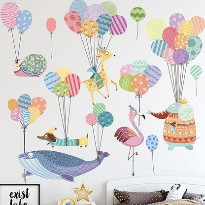 Cartoon Animals Wall Stickers Color Balloon Whale Elephant Wall Decals Peel and Stick Wall Art Decals for Kids Bedroom Baby Nursery Door Decor