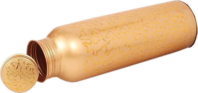 Pure Copper Water Bottle - Handcrafted - Ayurveda health benefits - L- 35 oz - Leak proof - Easy to carry for Sports, Fitness, Yoga, School - Natural Copper Finish Golden Glade Pattern