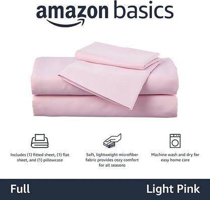 Amazon Basics Kid's Soft Easy-Wash Lightweight Microfiber 4-Piece Sheet Set, Full, Light Pink, Solid