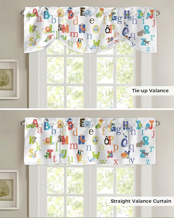 Cute Animals Alphabet for Kids Blackout Tie Up Valance Curtains for Kitchen Windows Colorful Printed Window Toppers Balloon Shades for Living Room/Bathroom/Bedroom,1 Panel,60" X 18"