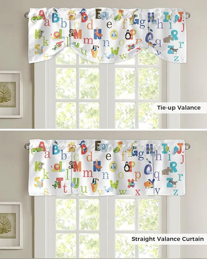 Cute Animals Alphabet for Kids Blackout Tie Up Valance Curtains for Kitchen Windows Colorful Printed Window Toppers Balloon Shades for Living Room/Bathroom/Bedroom,1 Panel,60" X 18"